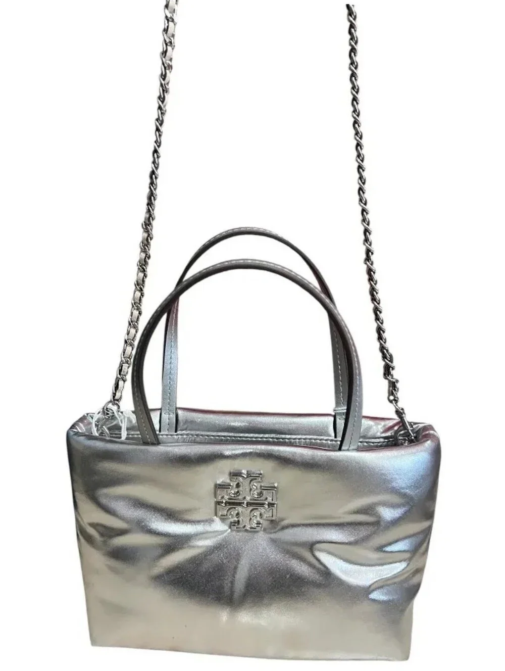 Tory Burch Britten Metallic Puffy Mini Tote Silver Crossbody New